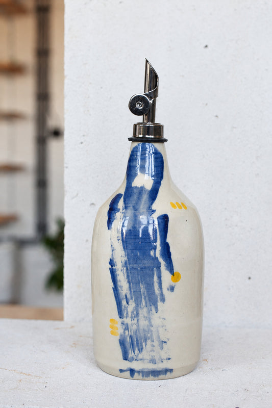 Ceramic oil bottle with blue stripe